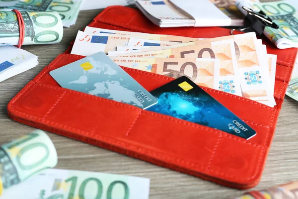 Wallet Different Euro Banknotes Credit Cards Wooden Table Closeup Money —  Fotos de Stock