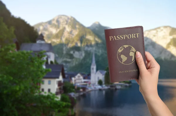 Woman International Passport Beautiful View Town Mountains Background — Foto de Stock