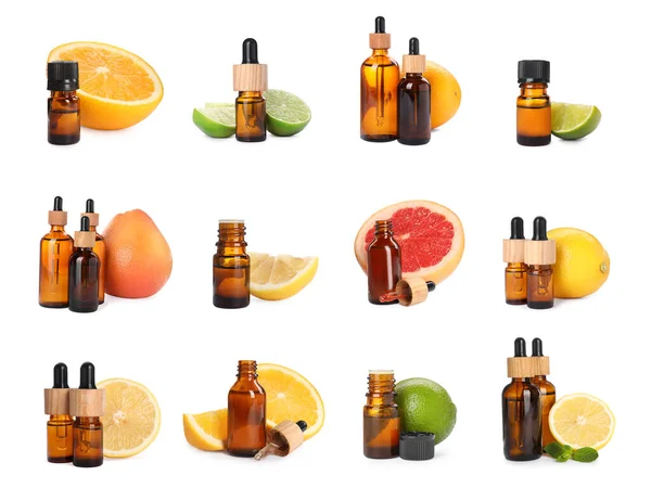 Set Bottles Different Citrus Essential Oils Fresh Fruits White Background — Stock fotografie
