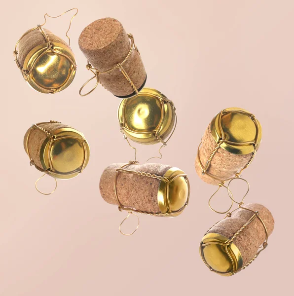 Many Corks Sparkling Wine Bottles Falling Light Background — Zdjęcie stockowe