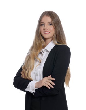 Portrait of young hostess in uniform on white background