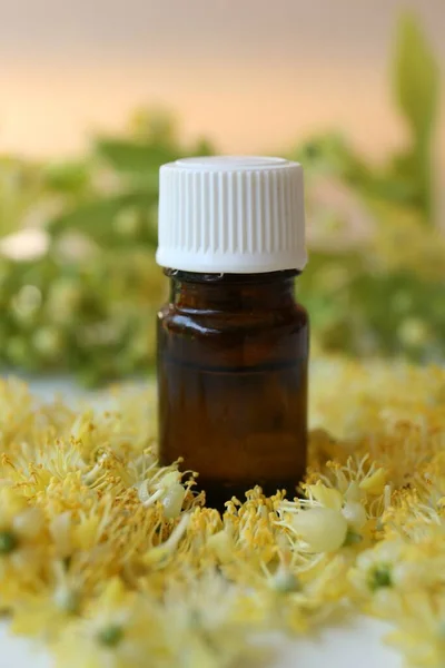 Bottle Essential Oil Linden Blossoms Blurred Background Closeup — Foto de Stock