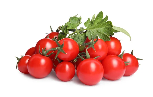 Fresh Ripe Cherry Tomatoes Leaves White Background — Stok fotoğraf