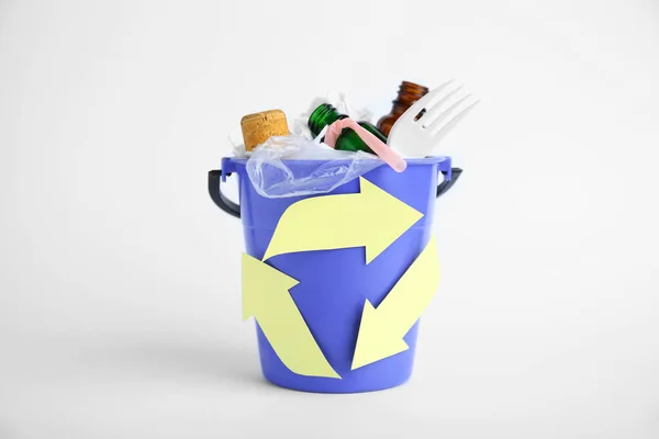 Bucket Recycling Symbol Full Garbage White Background — Photo