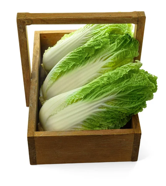 Fresh Tasty Chinese Cabbages Wooden Crate White Background — 图库照片