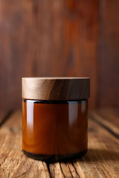 Jar Luxury Cream Wooden Table Closeup — Stockfoto