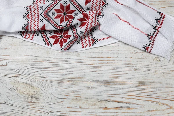 Beautiful Rushnyk White Wooden Table Top View Space Text Ukrainian — Φωτογραφία Αρχείου