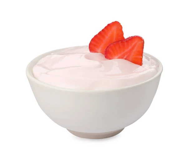 Bowl Delicious Yogurt Strawberries Isolated White —  Fotos de Stock