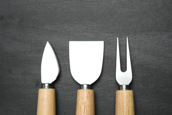 Cheese Knives Fork Black Background Flat Lay — Stock Photo, Image