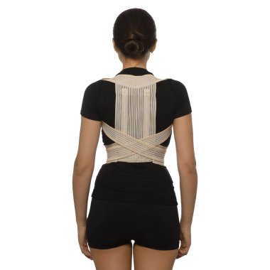 Woman with orthopedic corset on white background, back view