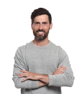 Portrait of smiling bearded man on white background