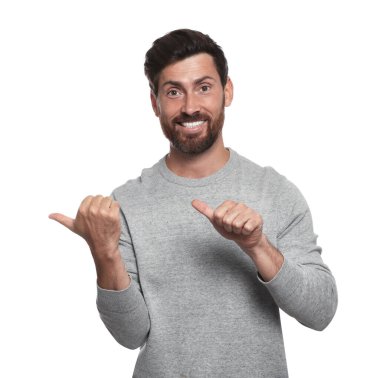 Portrait of happy bearded man on white background