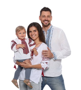 Happy family in Ukrainian national clothes on white background