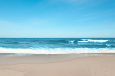 Güneşli bir günde bulanık deniz ve kumlu plaj manzarası