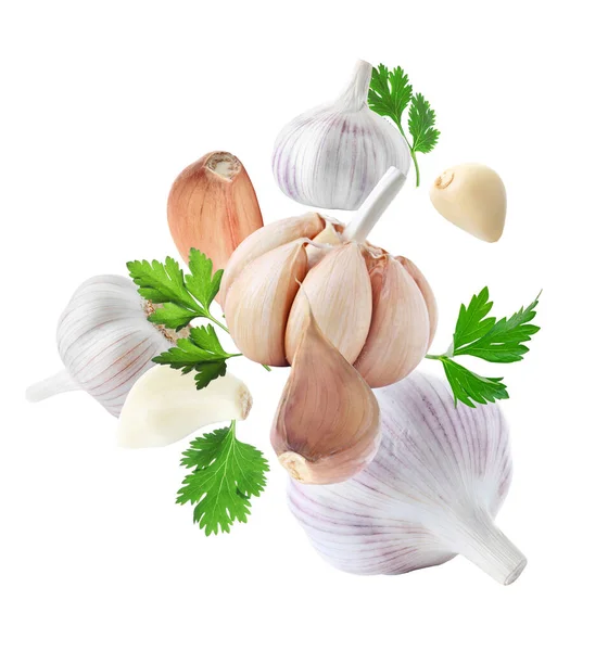 Aromatic Garlic Parsley Flying White Background — Stockfoto