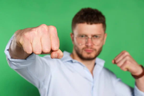 Young Man Ready Fight Green Background Focus Hand Space Text — Foto Stock