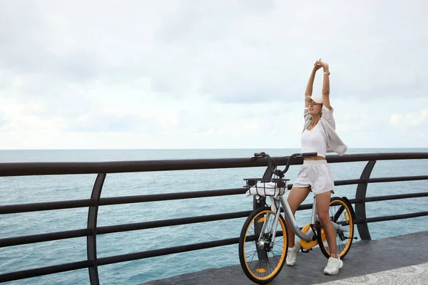 Beautiful Young Woman Bicycle Sea Space Text — 스톡 사진