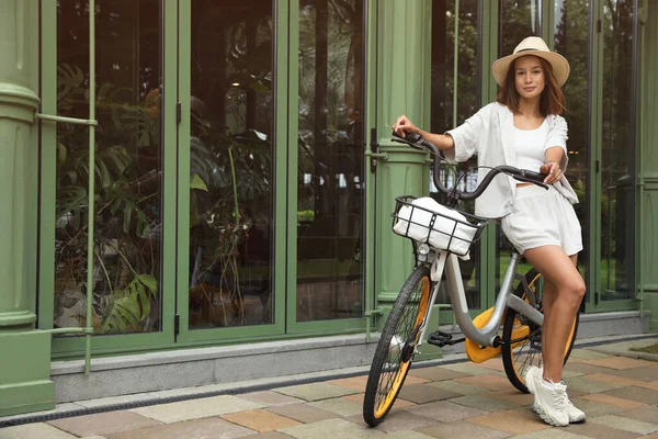Beautiful Young Woman Bicycle Modern Building Outdoors Space Text — 스톡 사진