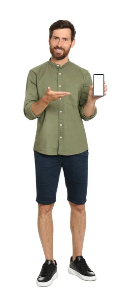 Happy Man Phone White Background — Fotografia de Stock