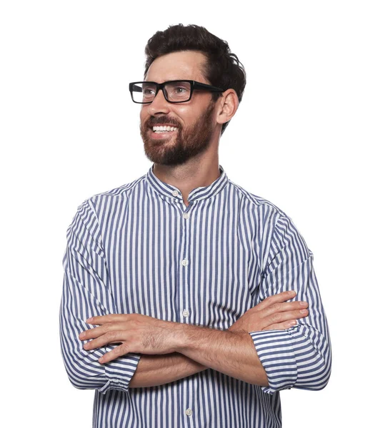 Portrait Happy Bearded Man Glasses White Background — Foto de Stock
