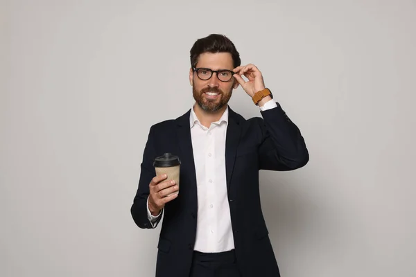 Smiling Bearded Man Glasses Paper Cup Light Grey Background — 스톡 사진