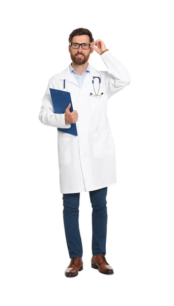 Full Length Portrait Doctor Clipboard White Background — Stock Photo, Image