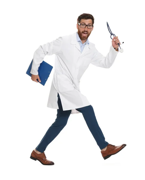 Doctor Stethoscope Clipboard Running White Background —  Fotos de Stock