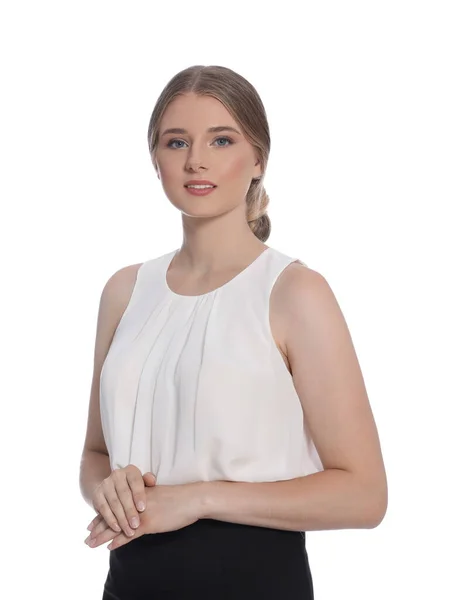 Portrait Young Hostess Uniform White Background — 스톡 사진