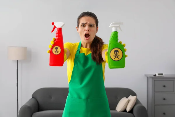 Woman Showing Bottles Toxic Household Chemical Warning Signs — 图库照片