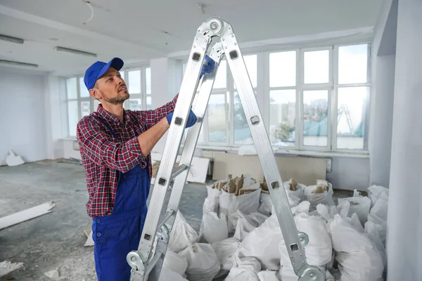 Construction Worker Climbing Stepladder Room Prepared Renovation —  Fotos de Stock