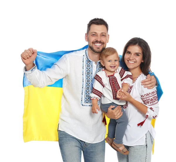 Gelukkige Familie Nationale Kleding Met Vlag Van Oekraïne Witte Achtergrond — Stockfoto
