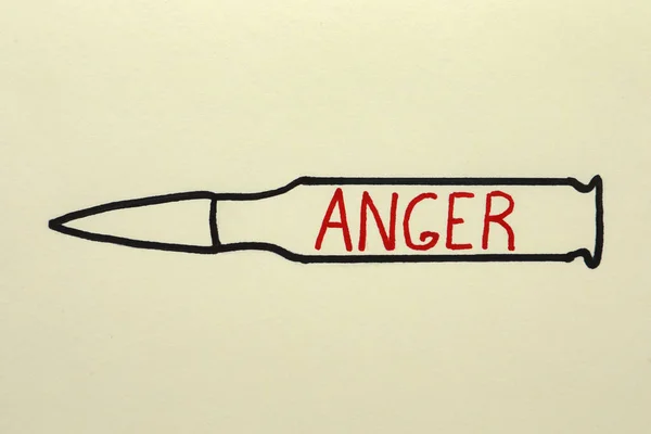 Drawing Bullet Word Anger Beige Background Top View — Foto Stock