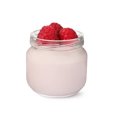 Jar of delicious yogurt and raspberries isolated on white