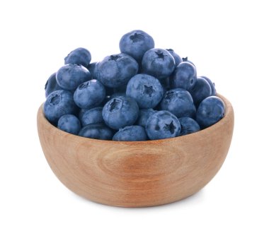 Tasty fresh ripe blueberries in wooden bowl on white background