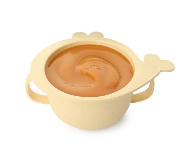 Bowl Tasty Pureed Baby Food Isolated White — Fotografia de Stock