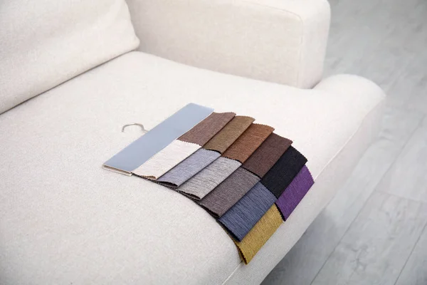 Catalog Colorful Fabric Samples Beige Sofa Indoors — Foto Stock