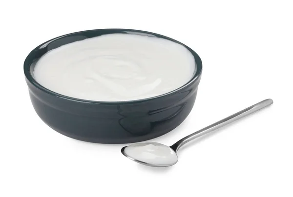 Bowl Spoon Delicious Organic Yogurt White Background — Fotografia de Stock