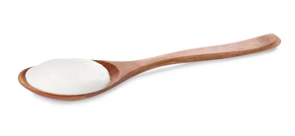 Wooden Spoon Delicious Organic Yogurt Isolated White — Stock Photo, Image