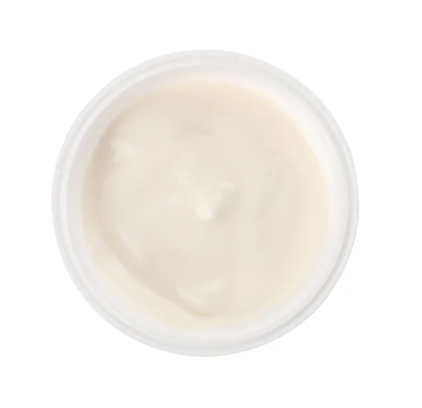 Plastic Cup Delicious Organic Yogurt Isolated White Top View — Stockfoto