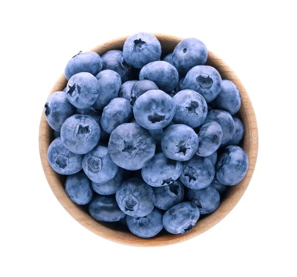 Tasty Fresh Ripe Blueberries Wooden Bowl White Background Top View — Foto de Stock