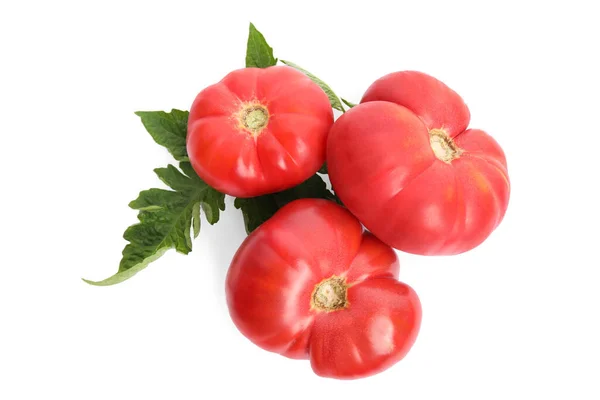 Fresh Ripe Red Tomatoes Leaves White Background Top View — Stock fotografie