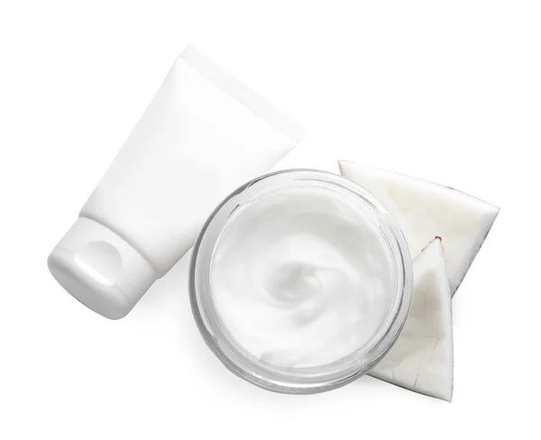 Different Hand Care Cosmetic Products Coconut Pieces White Background Top — Stockfoto