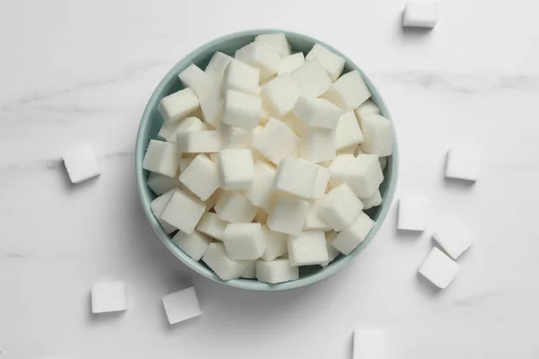 Bowl White Sugar Cubes Marble Table Flat Lay —  Fotos de Stock