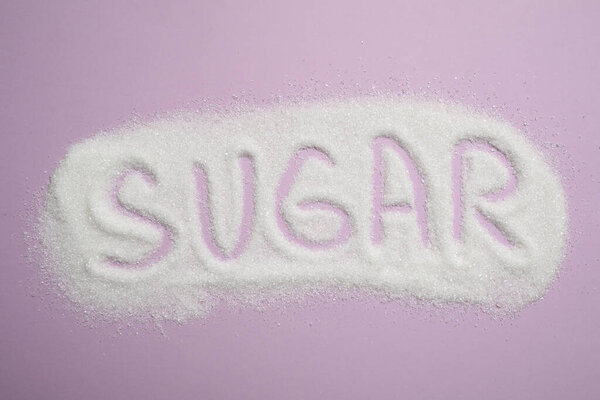 Composition with word SUGAR on lilac background, top view