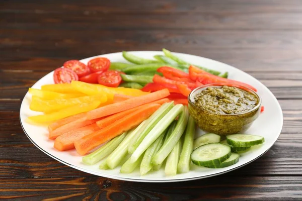 Celery Other Vegetable Sticks Dip Sauce Wooden Table — Stock Photo, Image