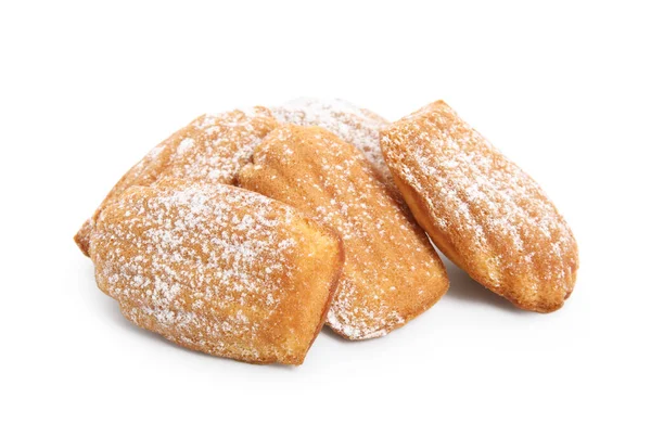 Delicious Madeleine Cakes Powdered Sugar White Background — Foto de Stock