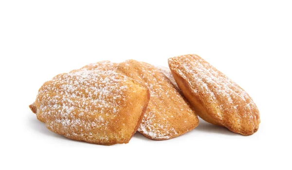 Delicious Madeleine Cakes Powdered Sugar White Background — Foto de Stock