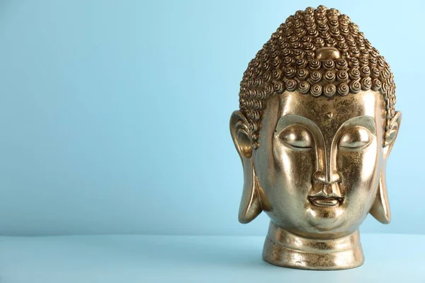 Beautiful Golden Buddha Sculpture Light Blue Background Space Text – stockfoto