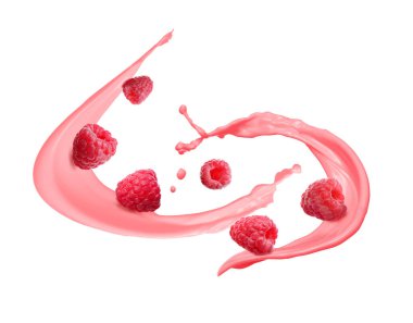 Splashes of tasty raspberry yogurt and fresh berries on white background