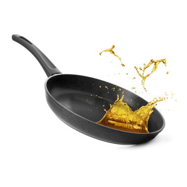 Frying pan and splashing cooking oil on white background